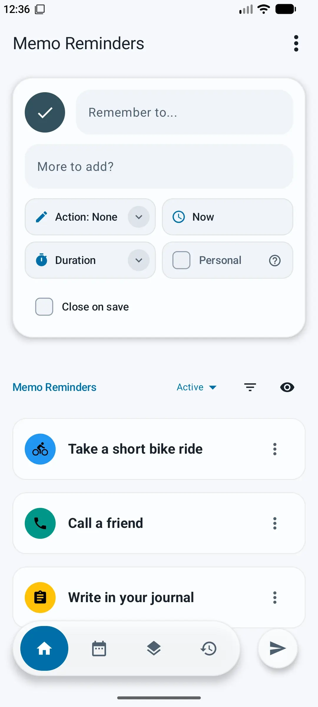 Memo Reminders on Android, with the reminder editor above a list of active reminders.